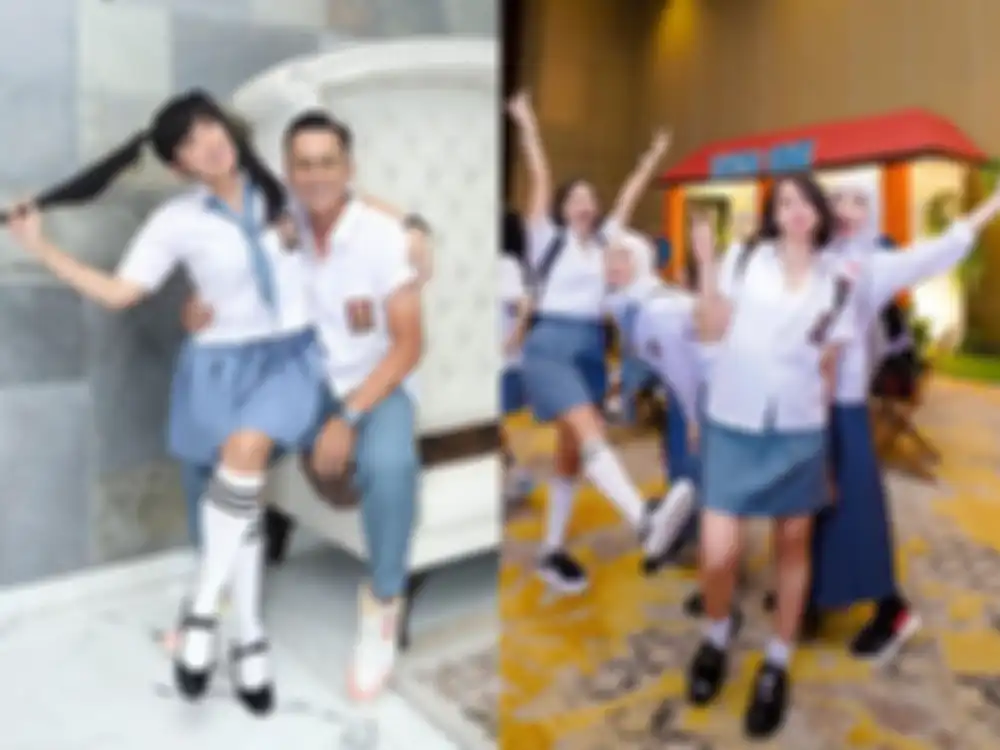 Gaya artis kompak pakai seragam putih abu-abu di pesta ultah Ussy Sulistiawaty.