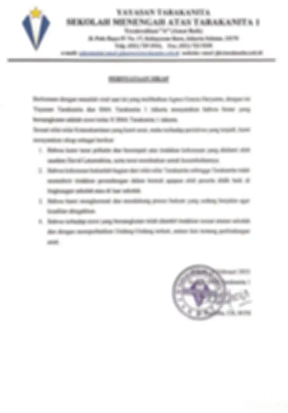 Surat pernyataan sikap dari SMA Tarakanita 1 Jakarta.