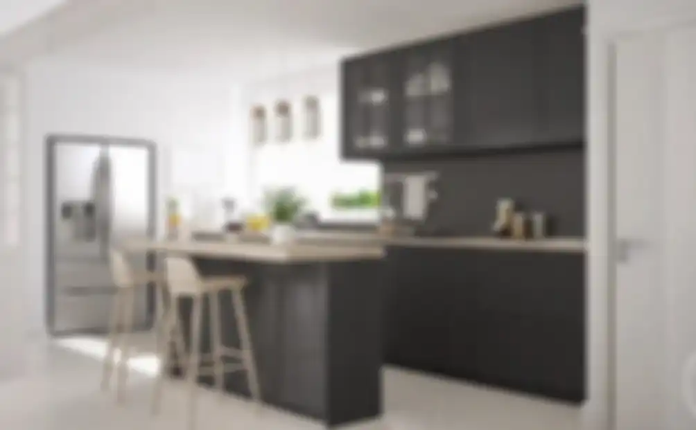 Dekorasi warna abu-abu yang diberi sentuhan begini mampu menghadirkan foto desain dapur mungil dengan tampilan elegan.