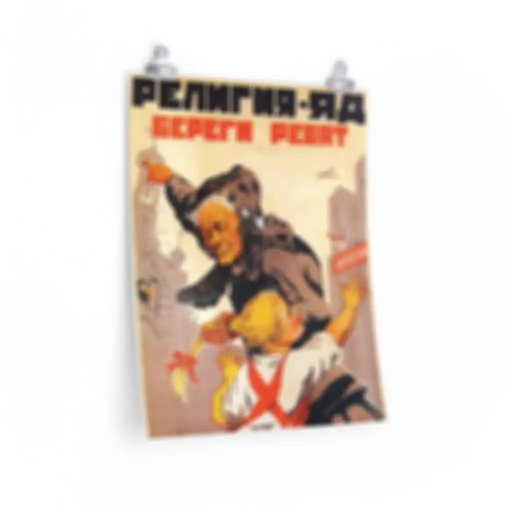 Poster propaganda Uni Soviet bertajuk 2. 'Agama adalah racun! Lindungi anak kecil' 1930 