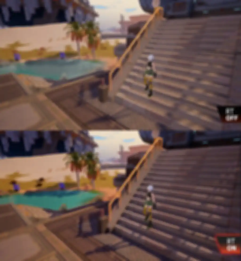 Perbandingan tampilan game Tower of Fantasy dengan Ray Tracing (bawah) dan tanpa Ray Tracing (atas).