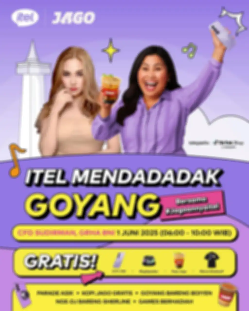 Program Itel Mendadak Goyang yang akan diselenggarakan pada Minggu, 1 Juni 2025 dimeriahkan oleh Boyen dan DJ Sherline.