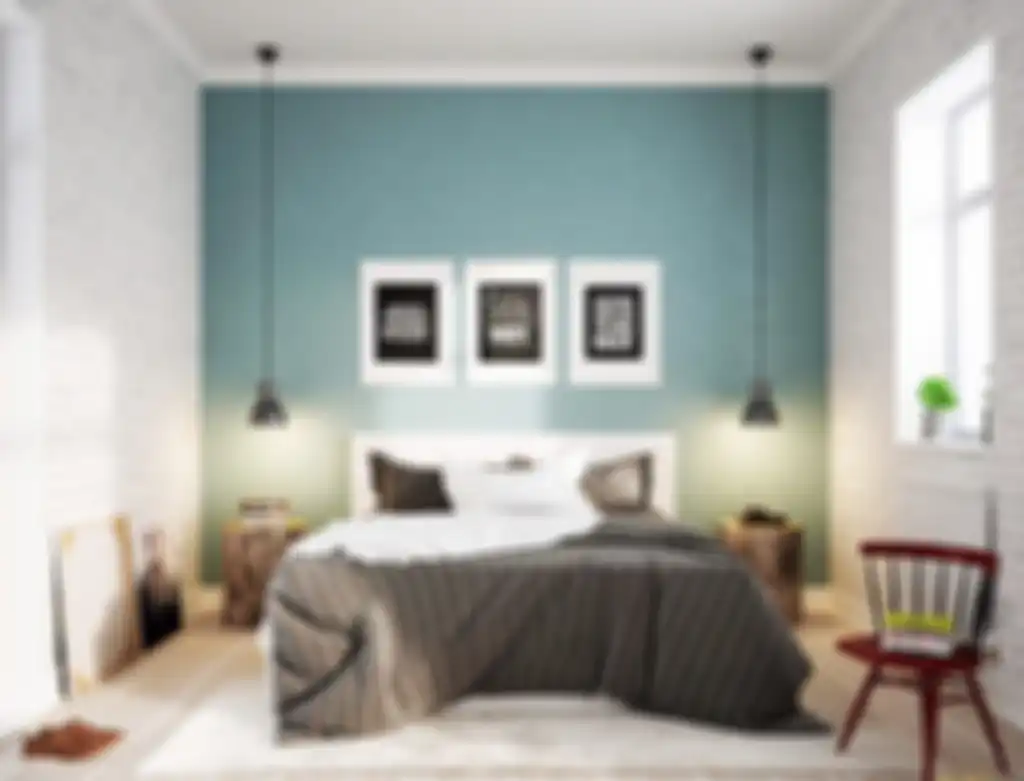 Inspirasi kamar tidur, padukan putih dan biru yang lembut pada dinding.
