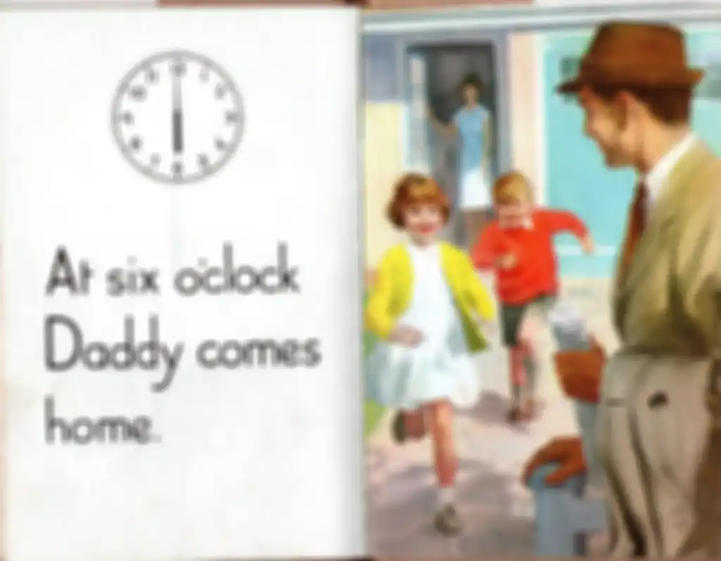 Gambar Ayah yang pulang kerja dalam buku Ladybird karya Harry Wingfield