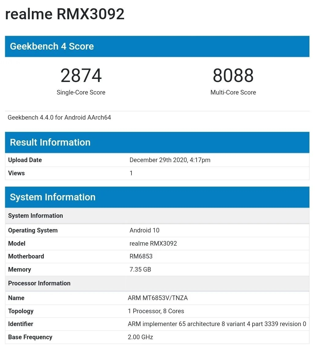 Realme 8 ada di Geekbench