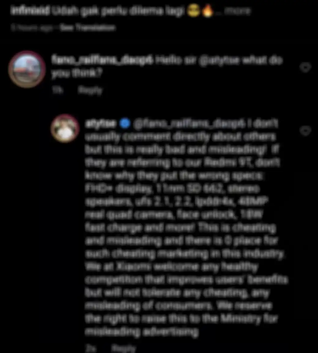 Tangkapan layar komentar Alvin Tse yang dihapus di postingan Instagram Infinix