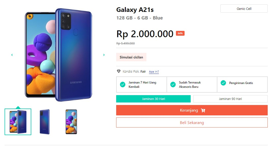 Harga hp second Samsung Galaxy A21s 6/128GB pada bulan Maret 2023 di Jagofon.com.