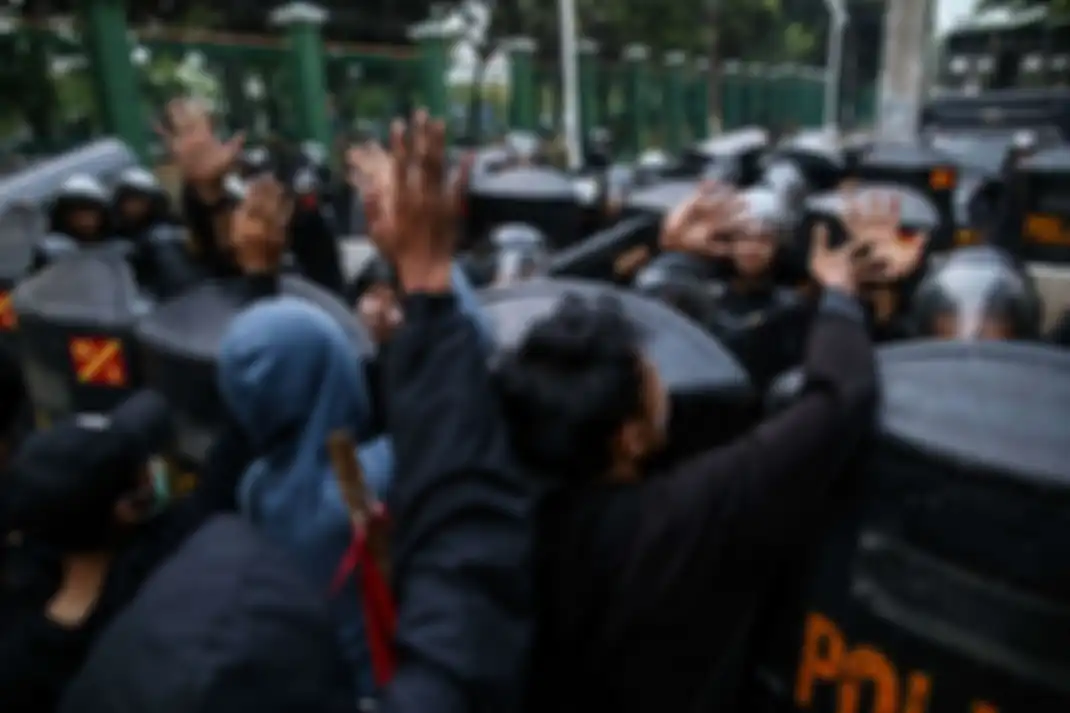 Pelajar melakukan Aksi Tolak RUKHP di Belakang Gedung DPR/MPR, Palmerah, Jakarta Barat, Rabu (25/9/2019). 