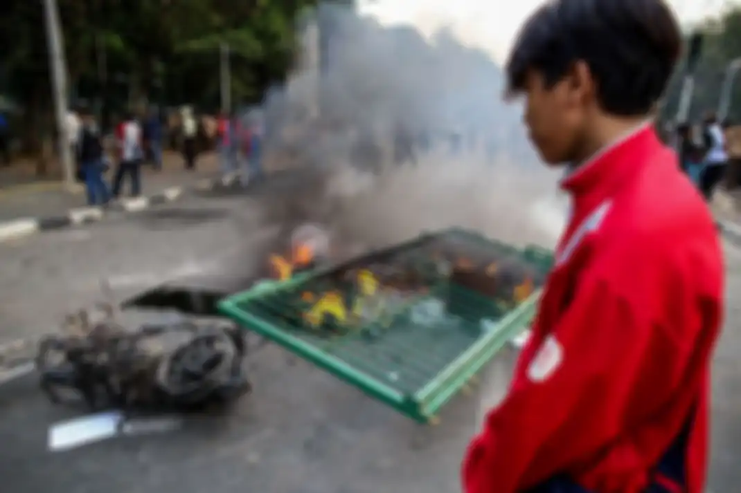 Pelajar melakukan Aksi Tolak RUKHP di Belakang Gedung DPR/MPR, Palmerah, Jakarta Barat, Rabu (25/9/2019). 