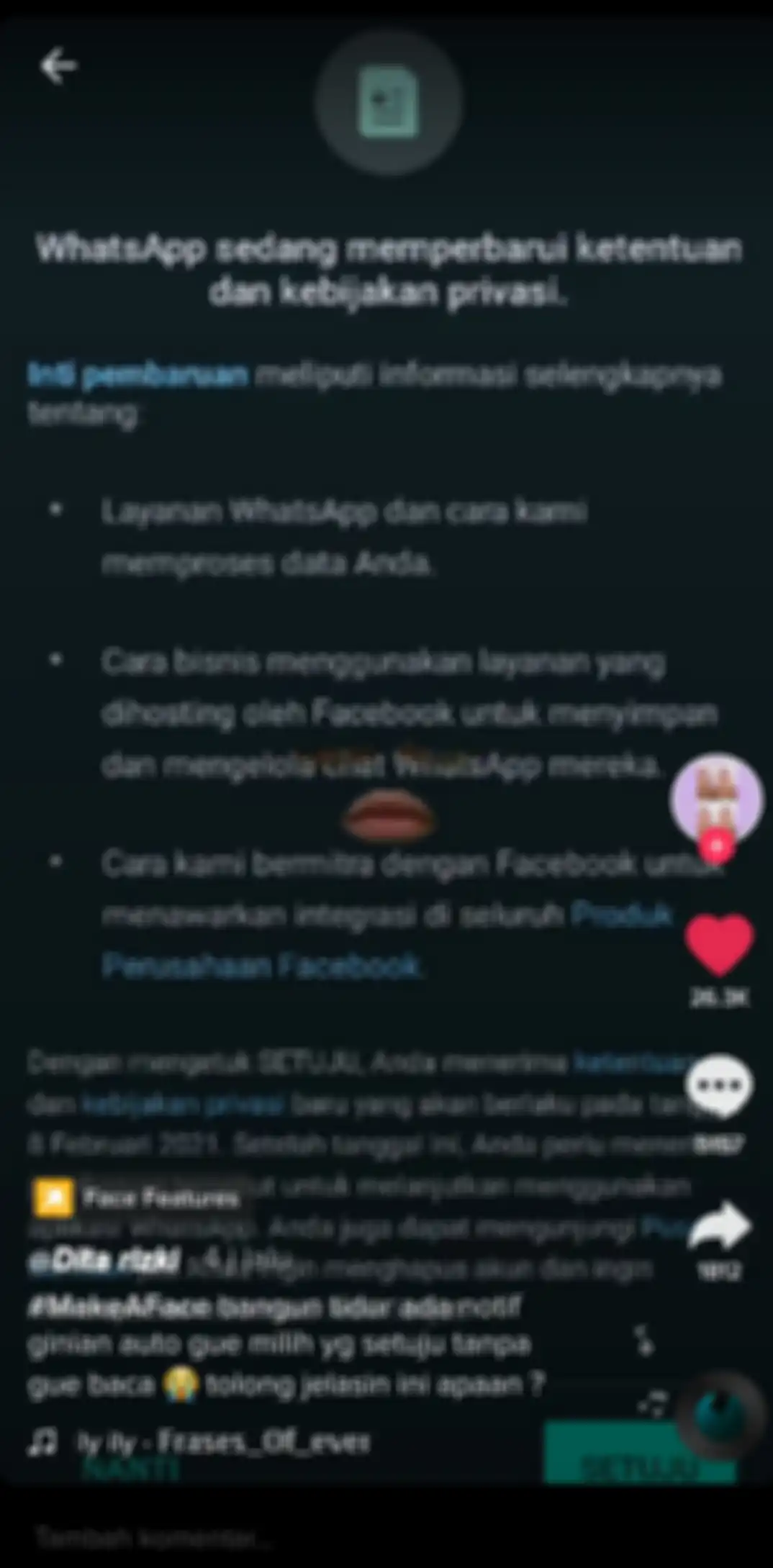 Tangkapan layar video konten TikTok yang mempertanyakan aturan baru WhatsApp.