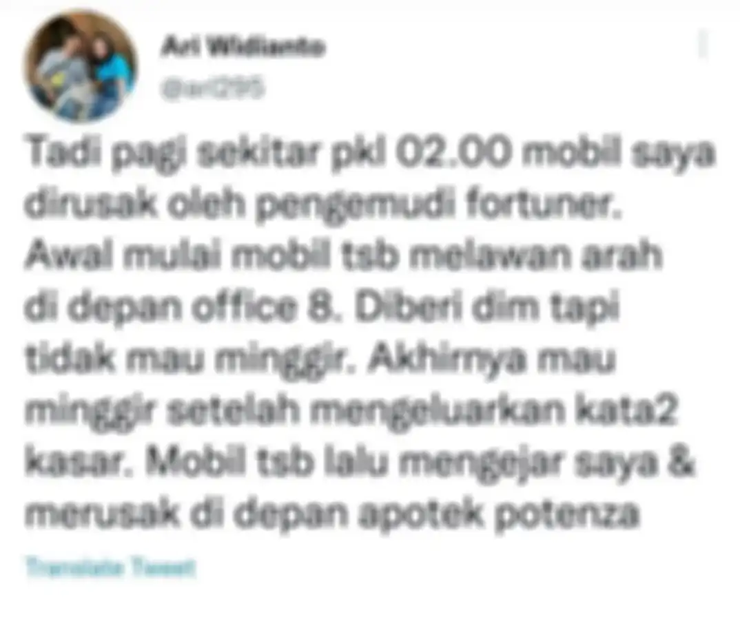 Cuitan Ari Widianto atas ulah arogan Giorgio sopir Fortuner yang merusak mobilnya.