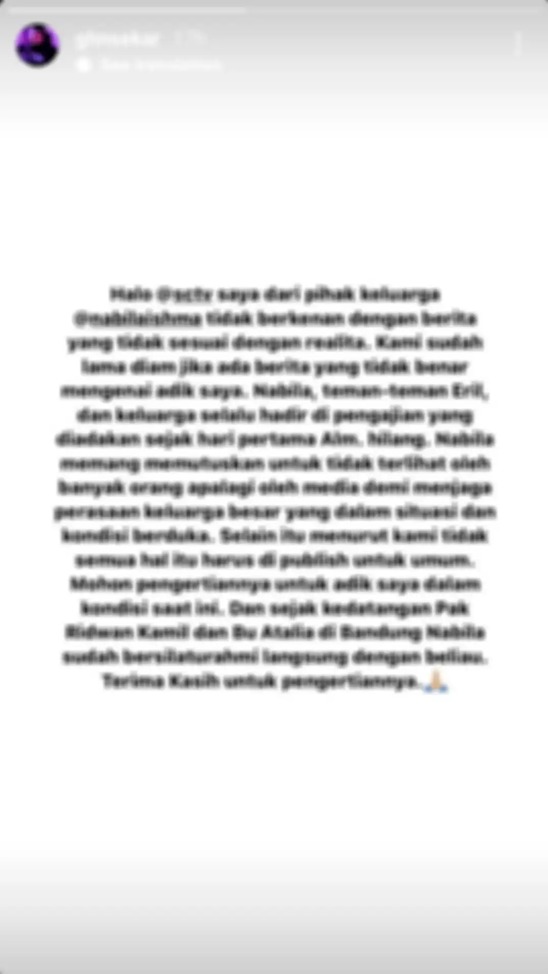 Postingan kakak Nabila Ishma jelaskan alasan adiknya tak pernah tersorot awak media setiap hadiri acara pengajian Eril