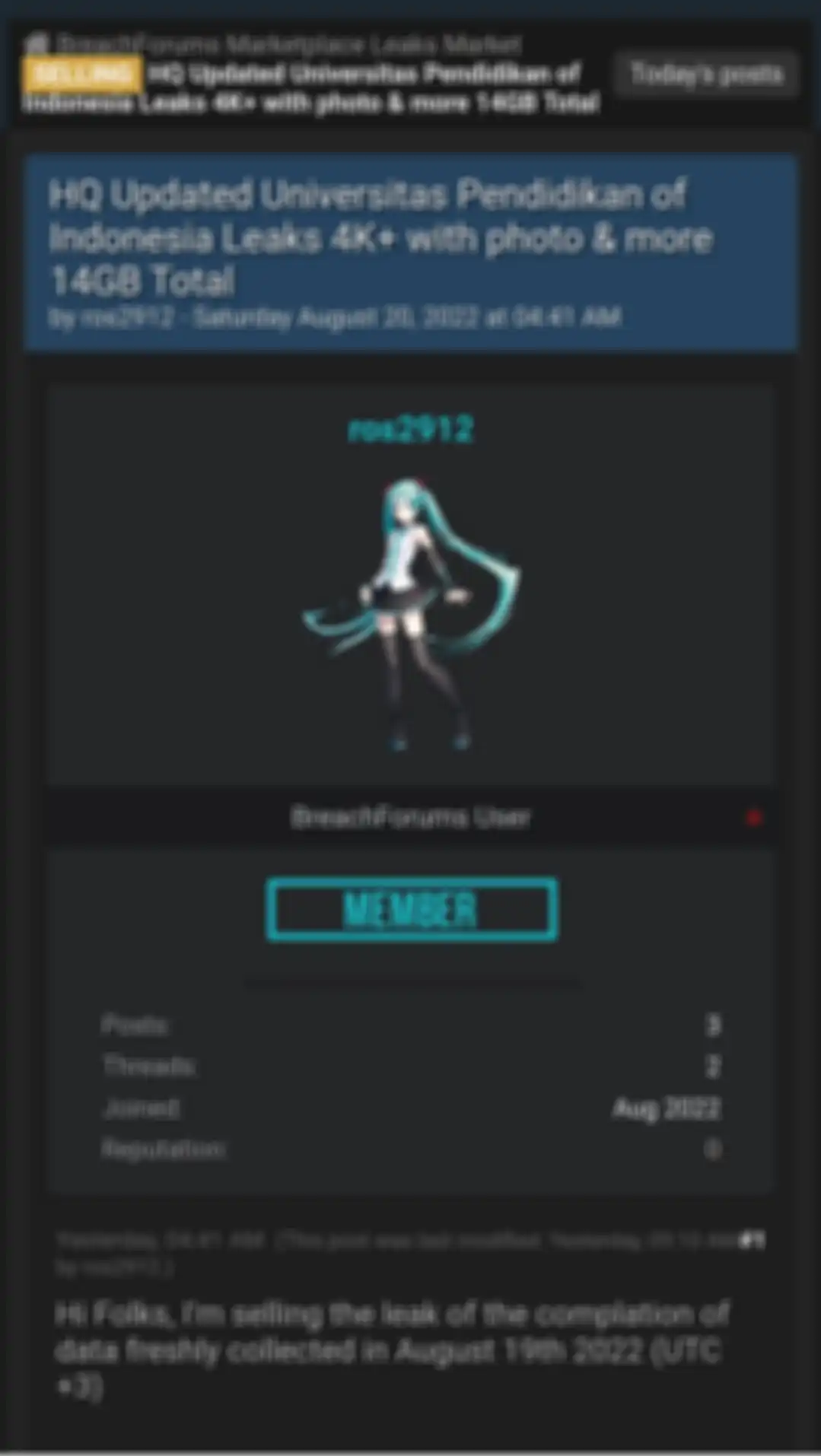 Tangkapan layar dugaan 4 ribu data slip gaji dan foto UPI dijual hacker di forum jual-beli.