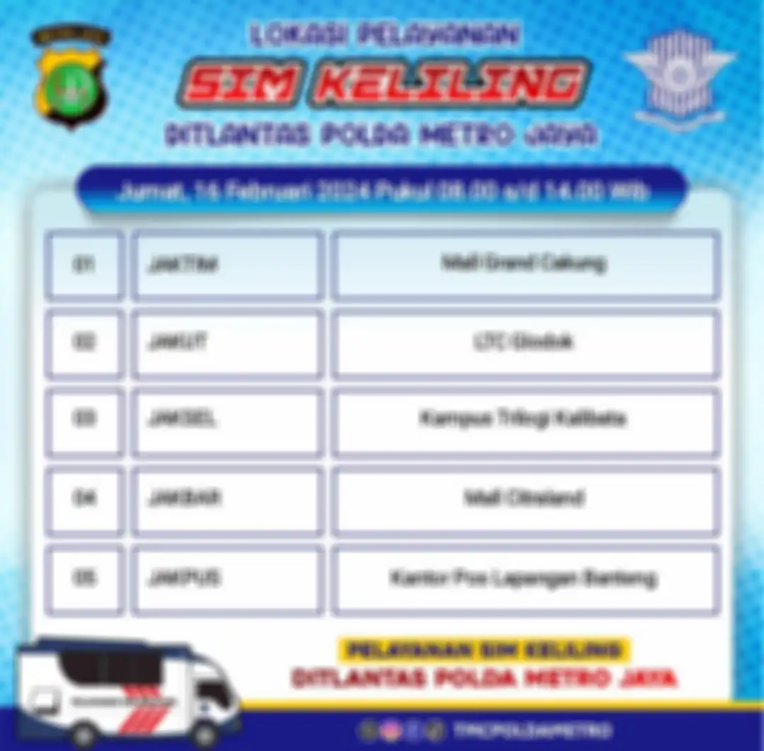 Jadwal dan lokasi SIM keliling di DKI Jakarta pada Jumat 16 Februari 2024.