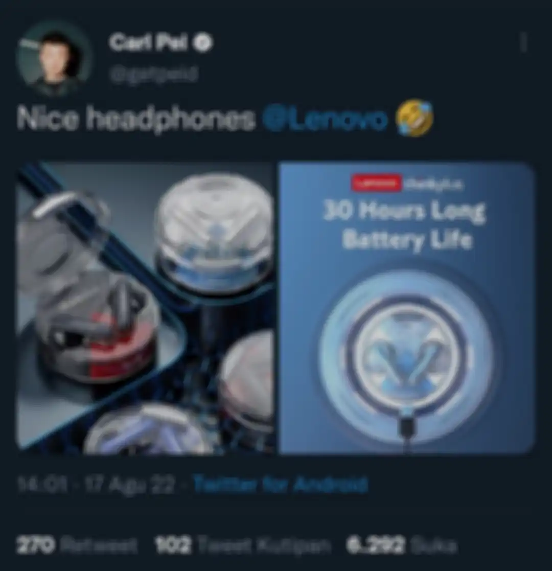 Tweet bos Nothing, Carl Pei, di akun Twitter pribadinya (@getpaid), yang diduga sindir Lenovo.