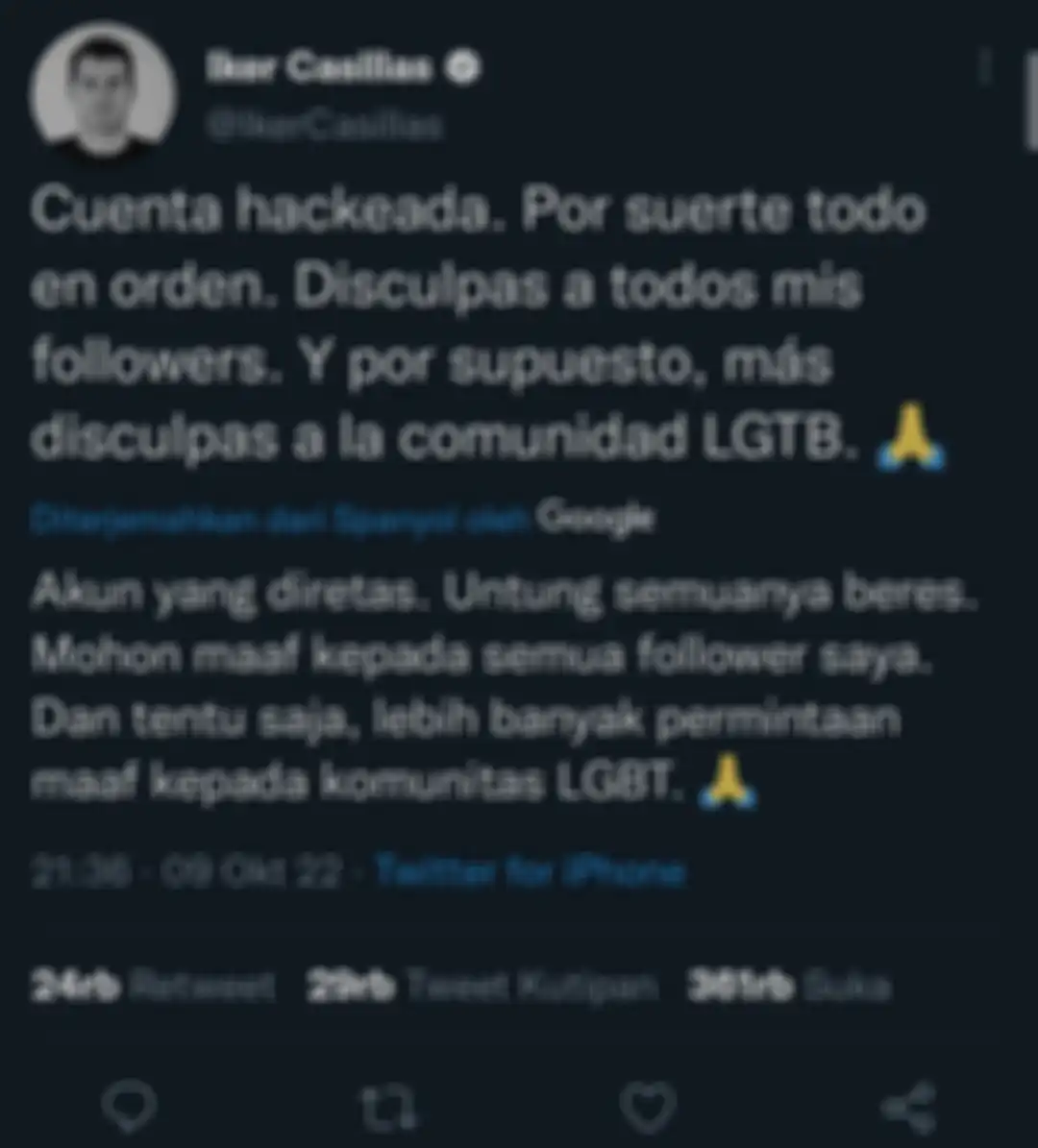 Klarifikasi Iker Casillas saat dikabarkan sebagai gay melalui akun Twitter @IkerCasillas.