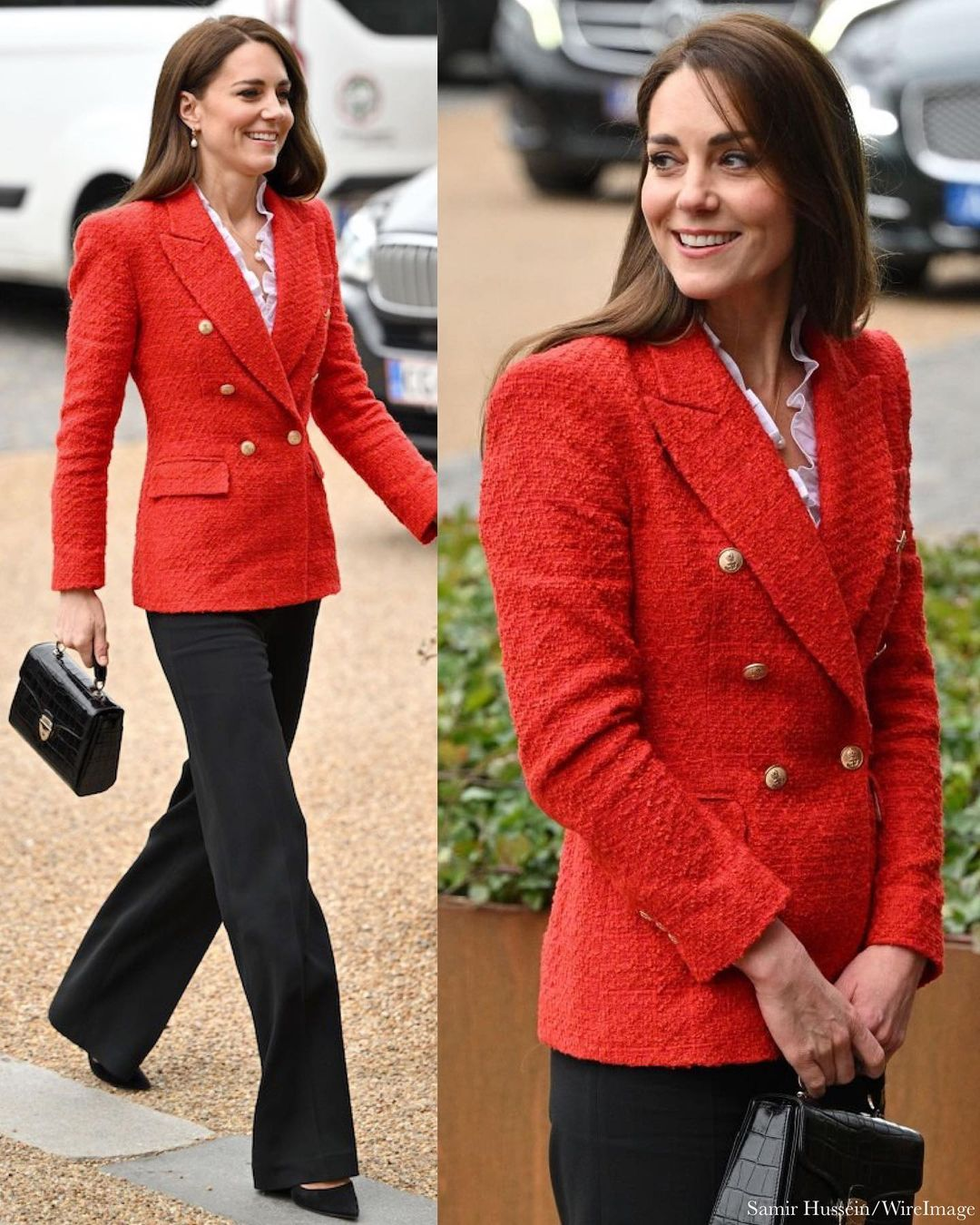 Kate Middleton tampil bold dengan blazer merah dan celana panjang hitam