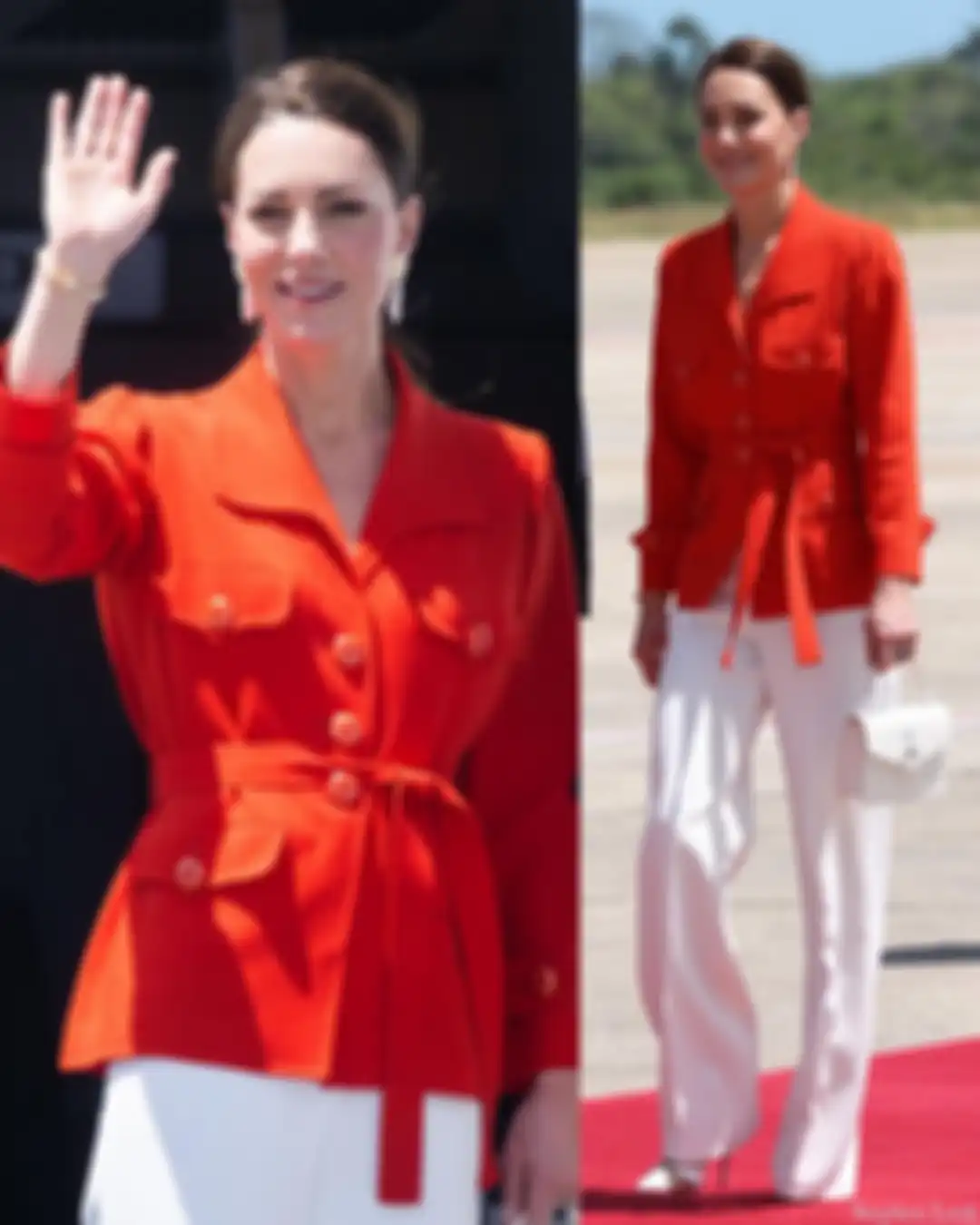 Penampilan elegan Kate Middleton dengan jaket merah dan celana putih