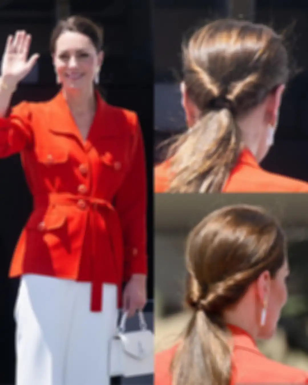 Gaya rambut Kate Middleton saat tampil dengan jaket merah dan celana putih