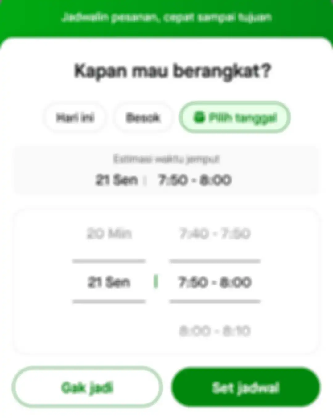 Opsi Pilih Tanggal untuk penjadwalan antar jemput layanan GoRide dan GoCar di aplikasi Gojek.