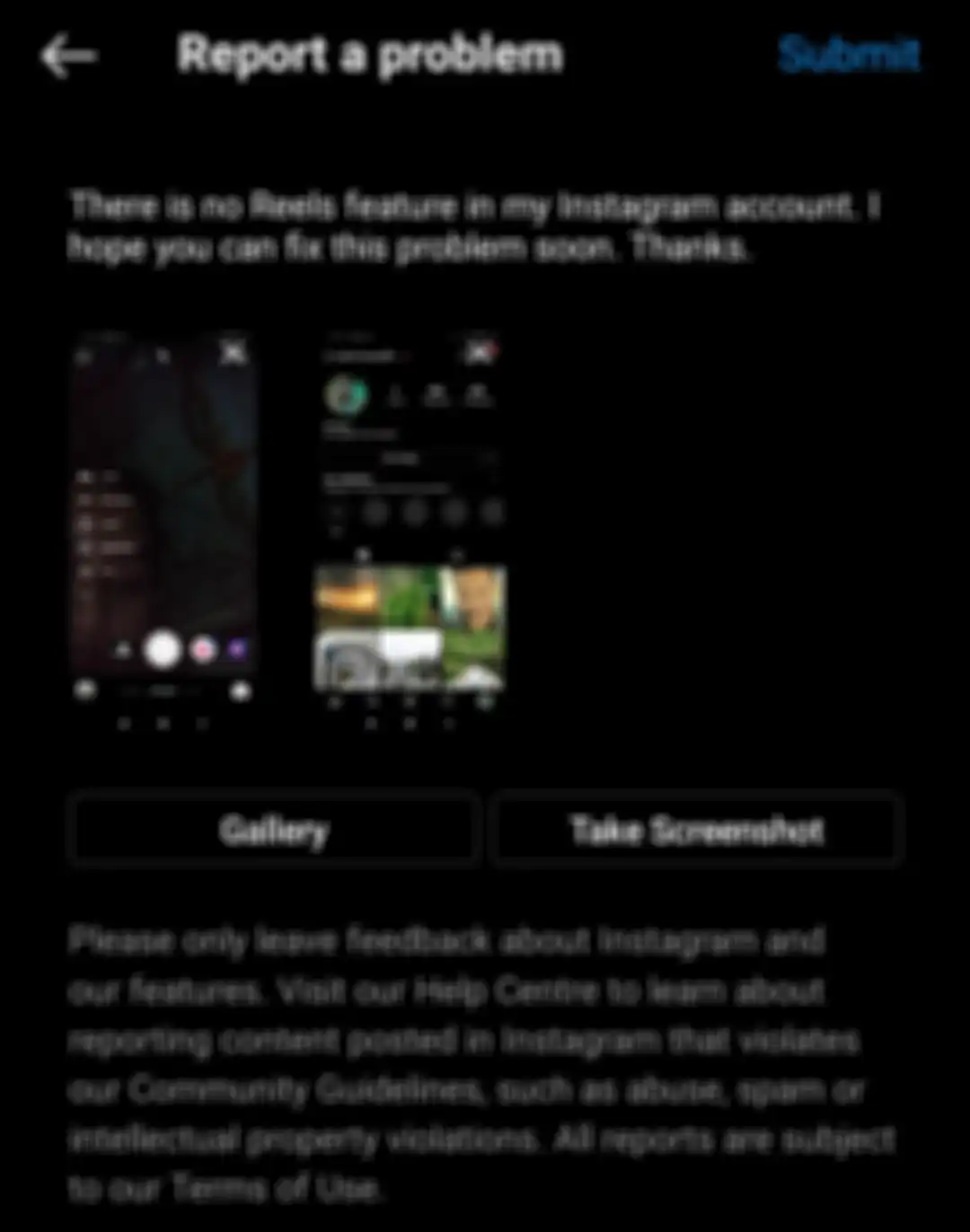 Melaporkan masalah fitur Reels Instagram tidak muncul melalui opsi Report a Problem/Laporkan Masalah