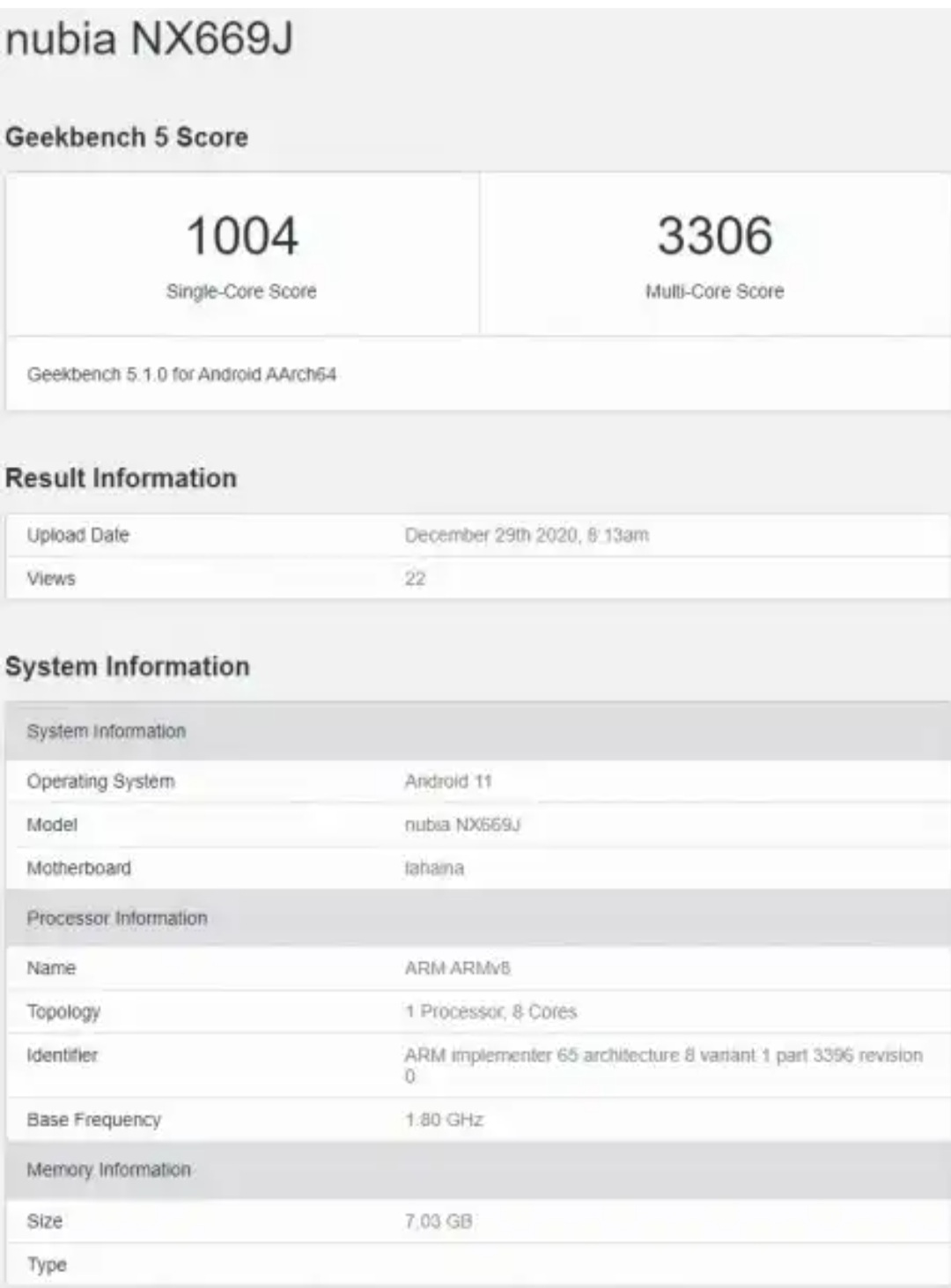 Bocoran sertifikasi GeekBench seri HP misterius Nubia dengan nomor model NX669J.
