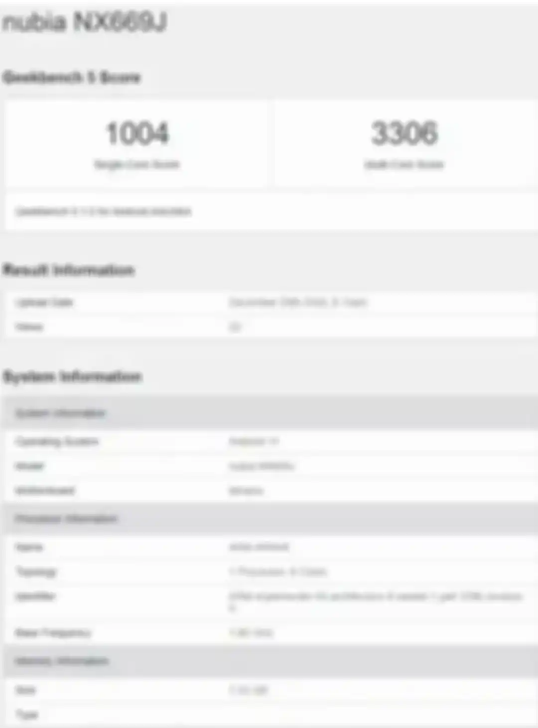Bocoran sertifikasi GeekBench seri HP misterius Nubia dengan nomor model NX669J.