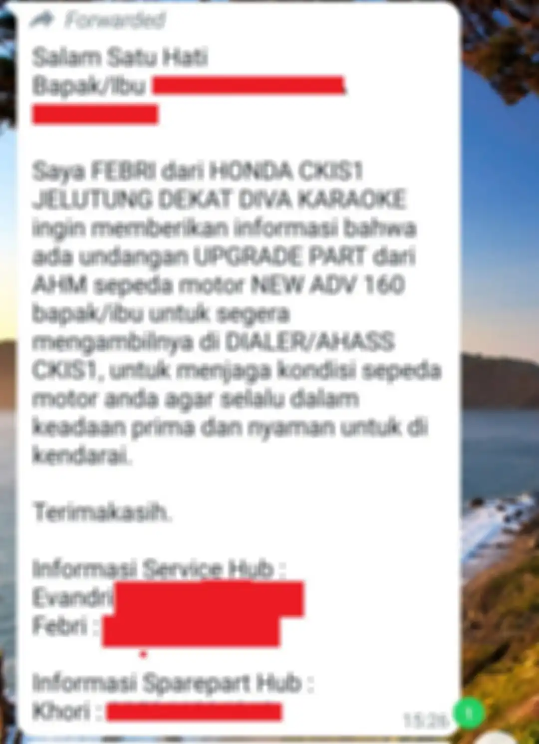 Tangkapan layar undangan upgrade part untuk Honda ADV 160