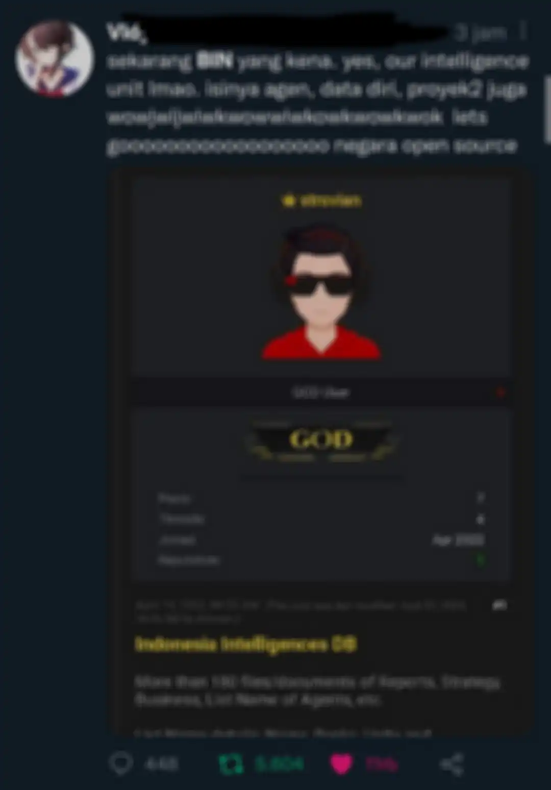 Laporan netizen di Twitter yang menduga adanya kebocoran data base BIN, Minggu (21/8).