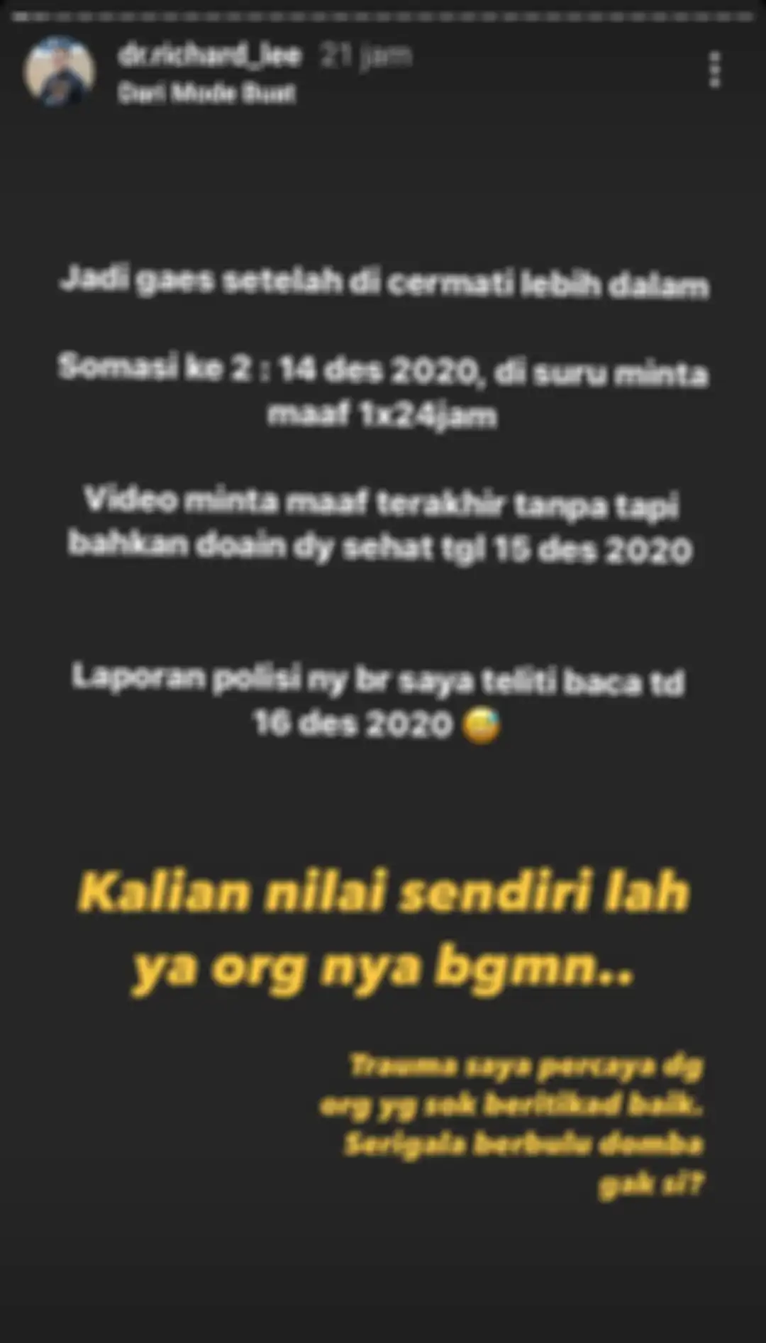 unggahan instastory Richard Lee tentang Kartika Putri.