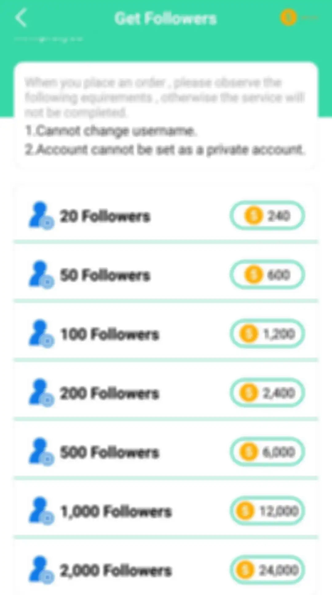 Deretan opsi pembelian followers Instagram di aplikasi Get 1.000 Followers/