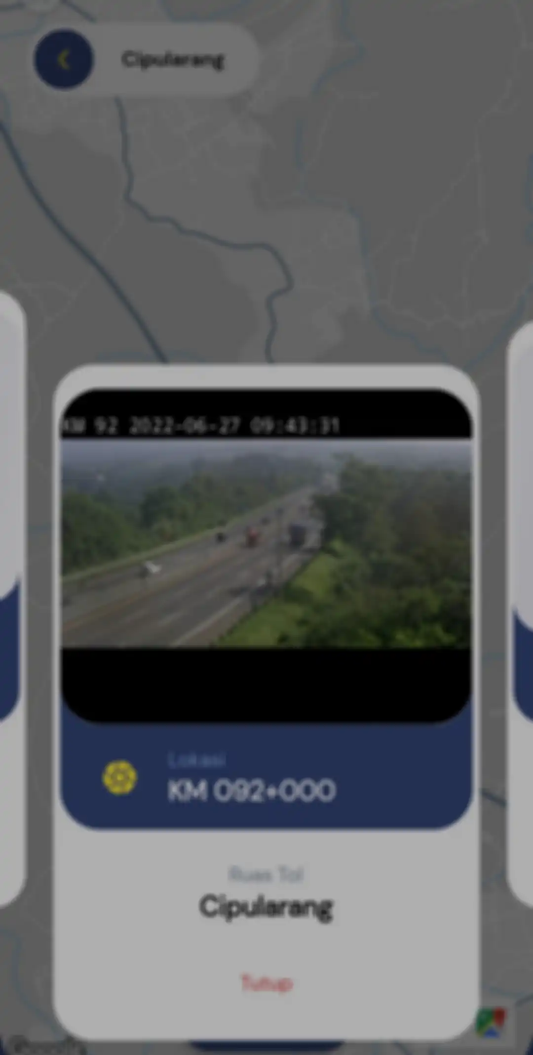Kondisi jalan setelah kecelakaan Tol Cipularang, Minggu (2/6/6) malam, yang melibatkan 17 mobil, di aplikasi Travoy.