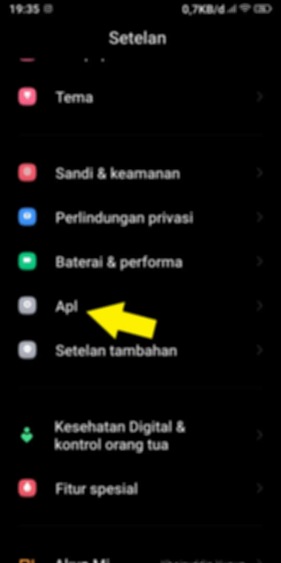 Opsi Aplikasi pada menu setelan  