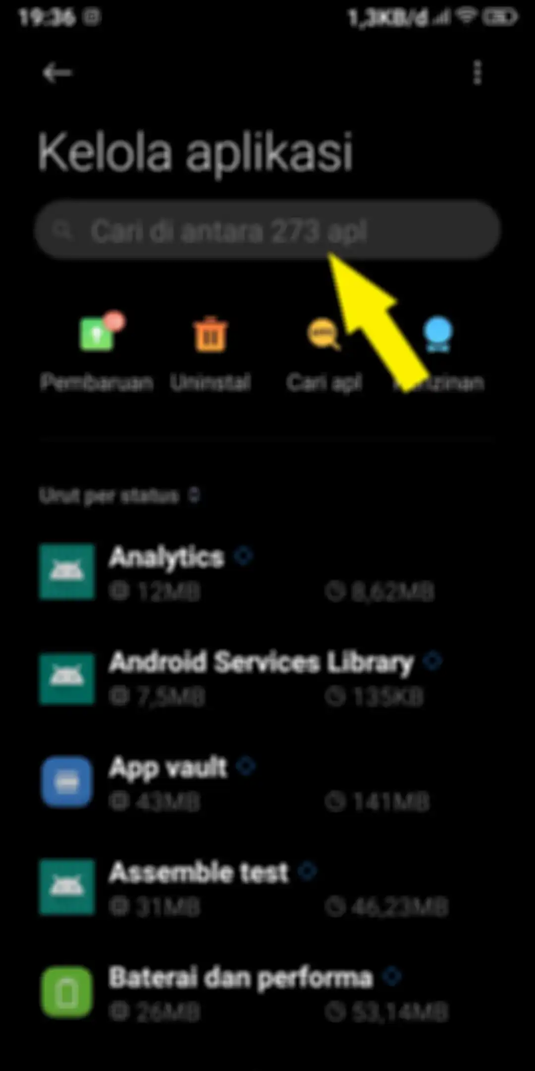 Kolom Cari di antara pada pilihan Kelola aplikasi 