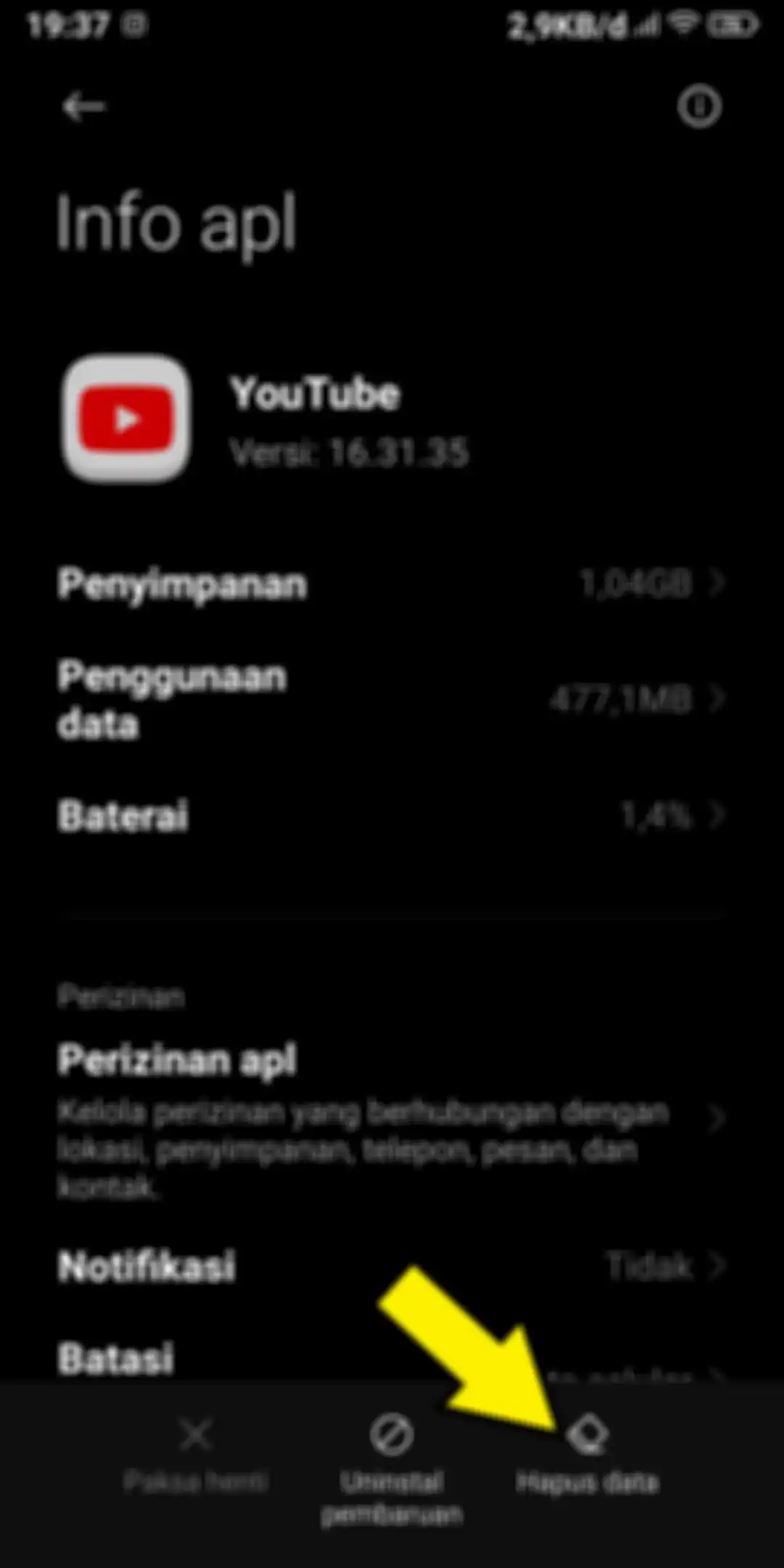 Info penyimpanan Aplikasi YouTube  