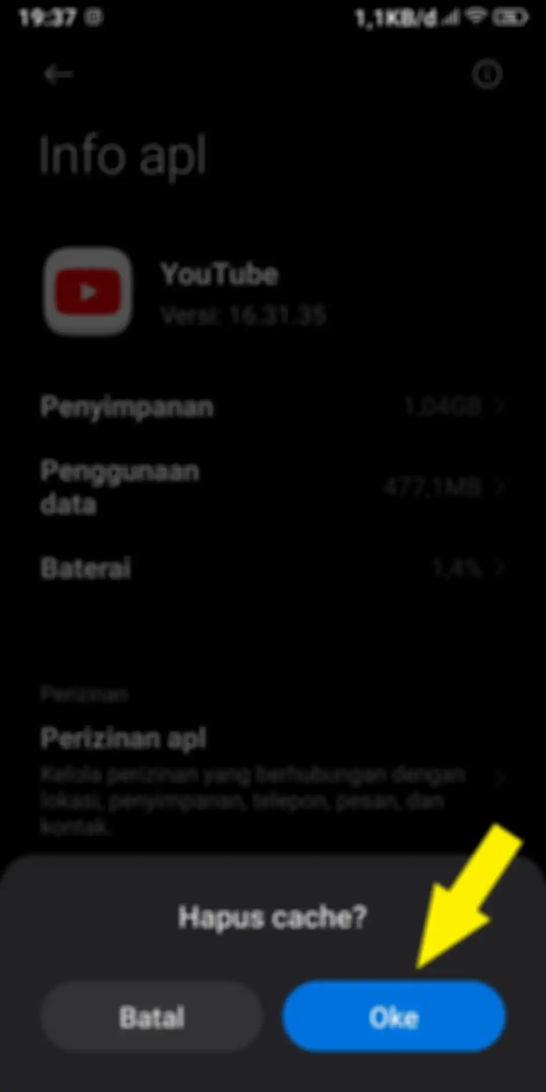 Pilihan hapus cache