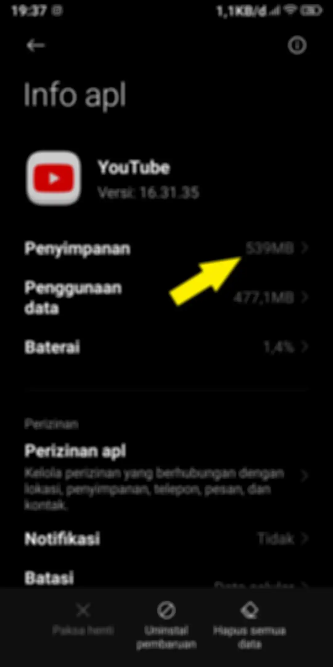 Status penyimpanan yang berkurang setelah penghapusan cache