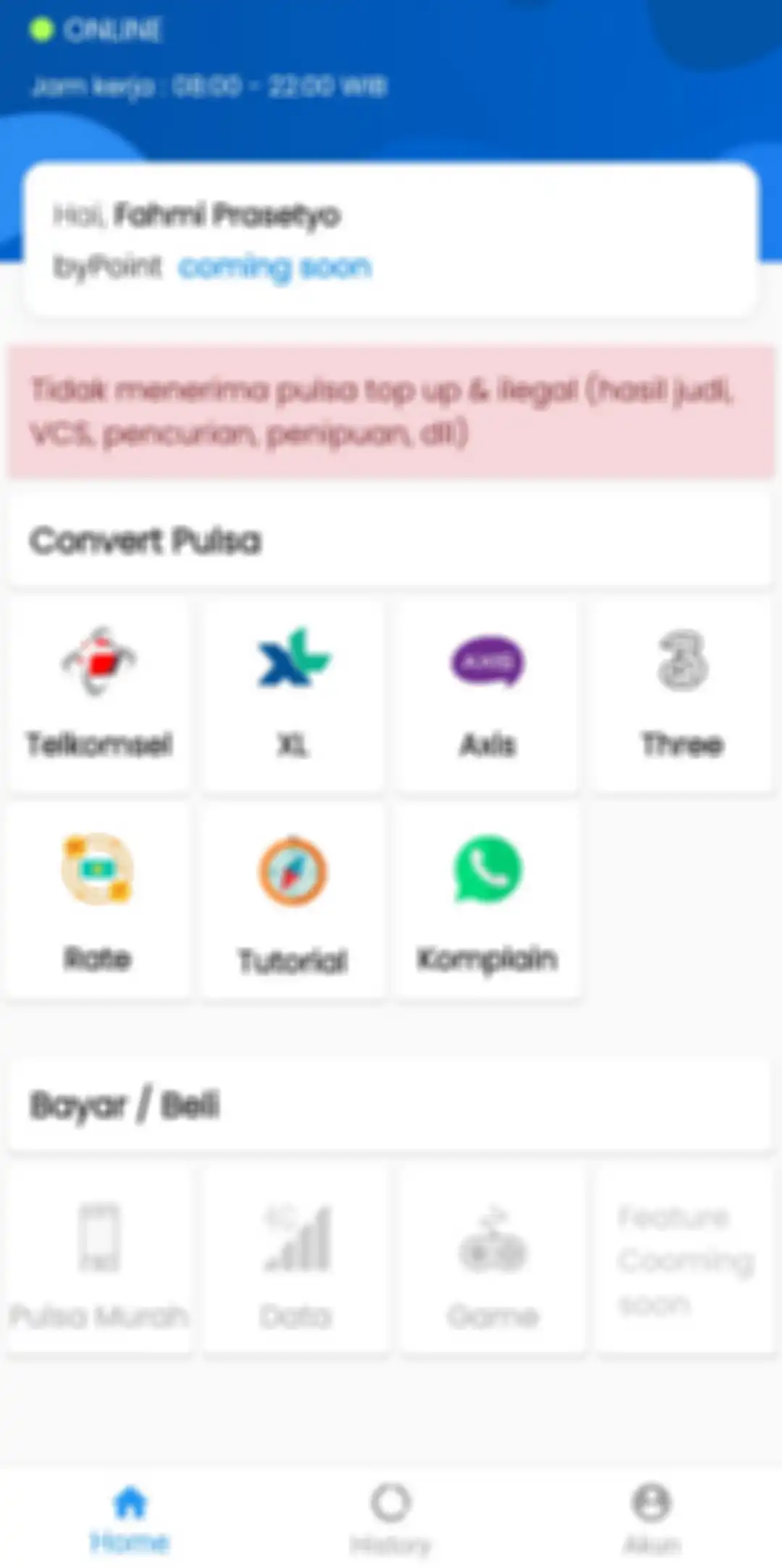 Tampilan aplikasi byPulsa yang bisa digunakan untuk mengubah pulsa menjadi GoPay, OVO, dan DANA.