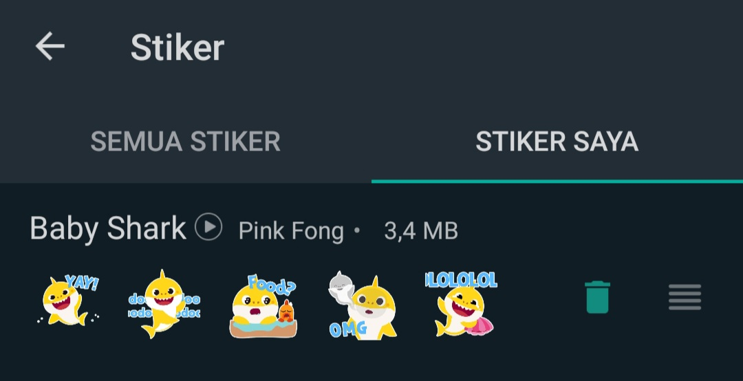Stiker WhatsApp Baby Shark yang bisa di download di versi 2.20.202.8 dengan data 3,4 MB.