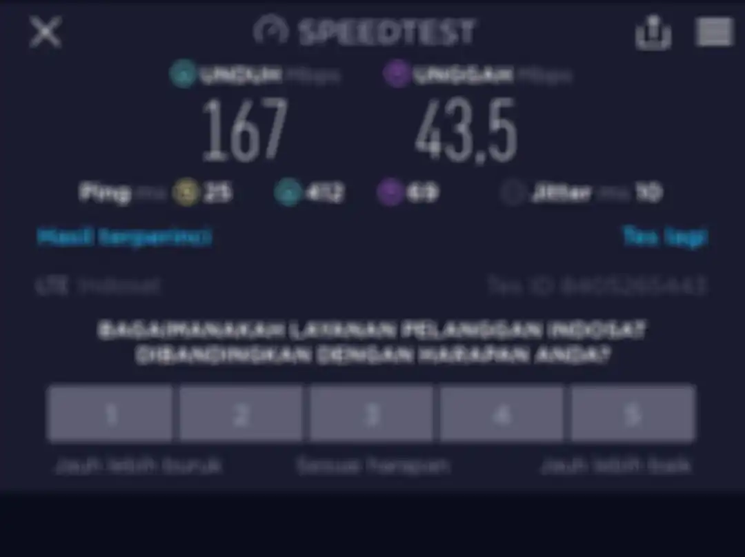 Hasil pengujian jaringan 5G Indosat Ooredoo menggunakan aplikasi SpeedTest.