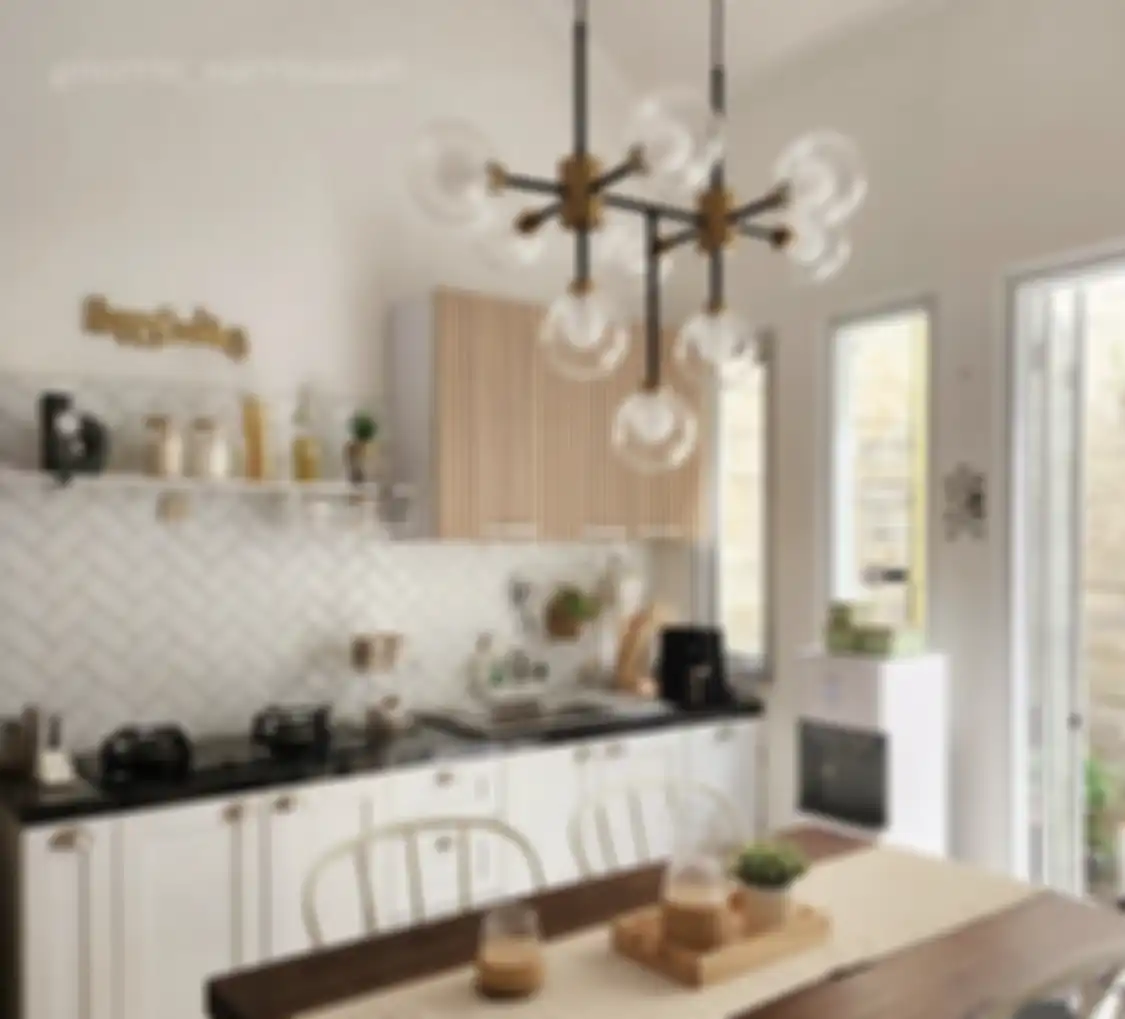Foto interior desain dapur warna putih terlohat lebih lega karena gaya berbeda. Cocok buat pemilik rumah minimalis. 
