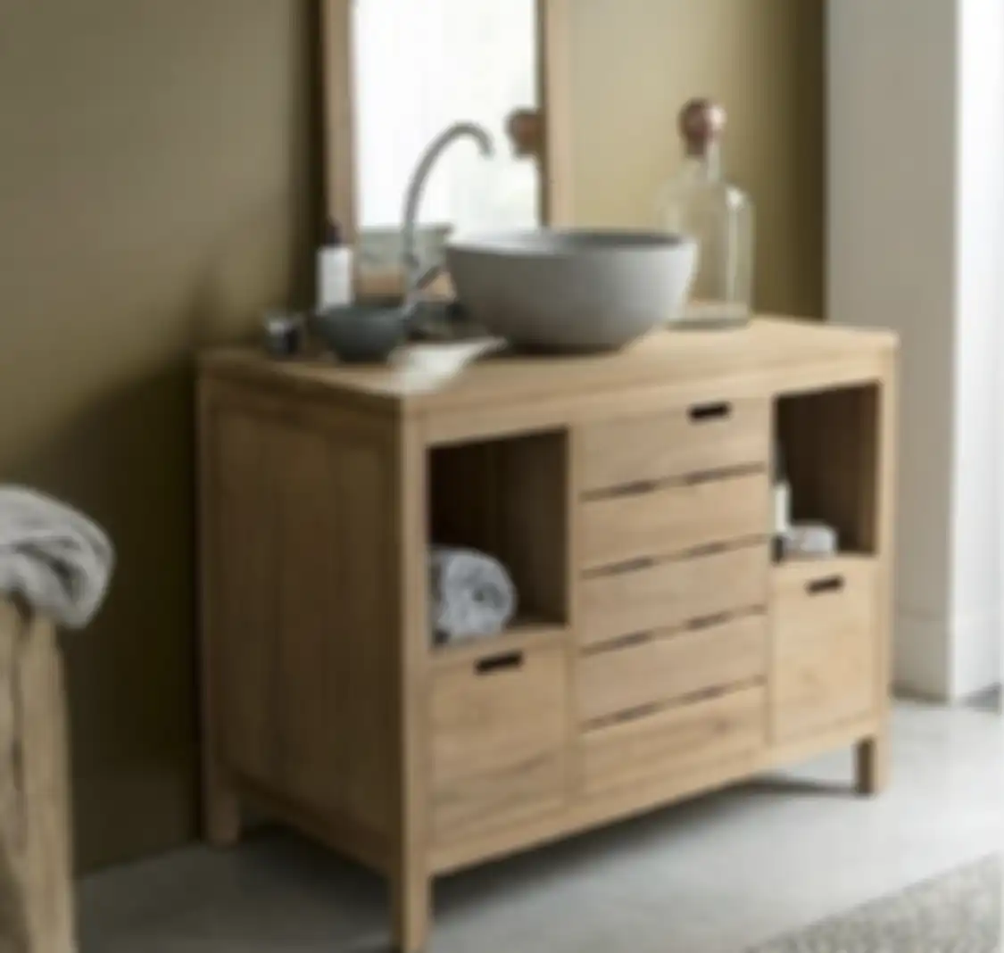 Agar foto desain kamar mandi tampak semakin mewah, lemari penyimpanan dirancang dengan model elegan berwarna lembut.