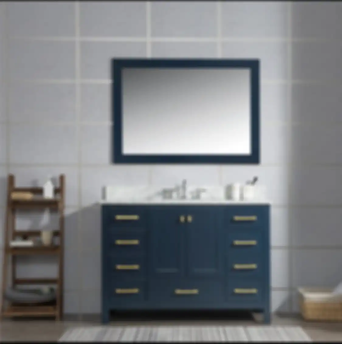 Agar foto desain kamar mandi tampak semakin mewah, lemari penyimpanan dirancang dengan model elegan berwarna lembut.