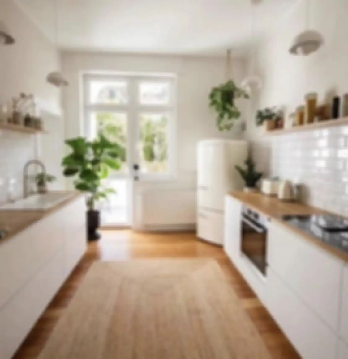 Dengan penerangan terang benderang, desain dapur ukuran mungil membuat potret interiornya bikin jatuh hati.