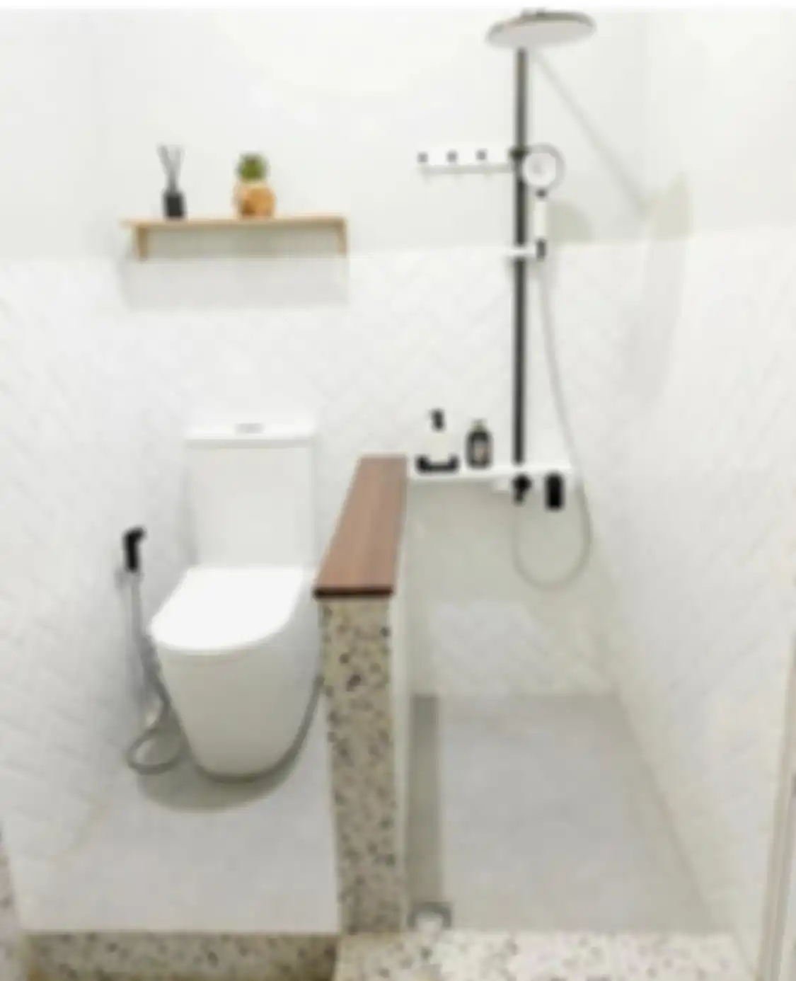 Kamar mandi mungil terlihat lega lantaran shower sengaja dipindah ke bagian ini. Foto interiornya sampai jadi referensi. 