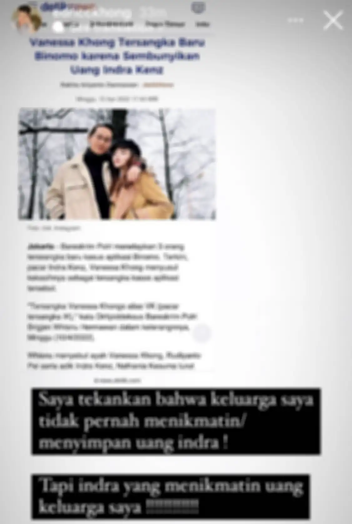 Pacar Indra Kenz Vanessa Khong harus berurusan dengan polisi dalam kasus Binomo. Kakak Vanessa langsung teriak-teriak di medsos. 