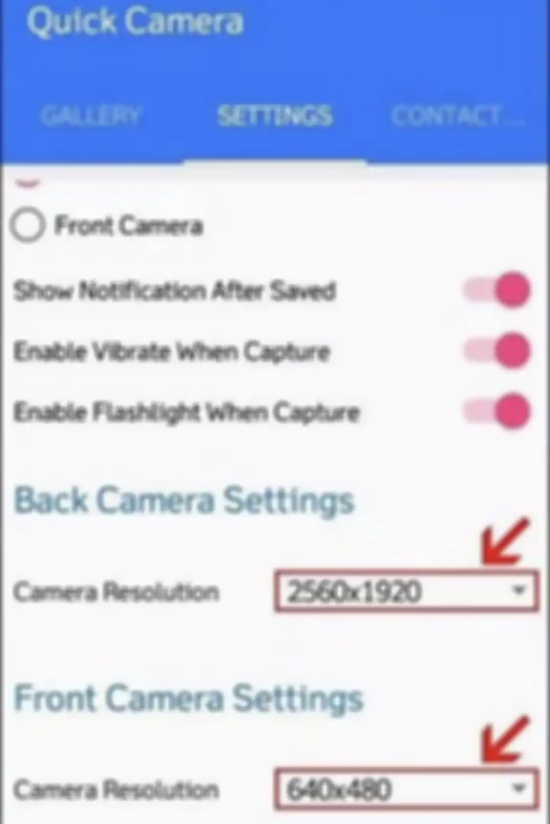 Setting dalam aplikasi Quick Camera yang dipakai untiuk mengambil foto diam-diam di Android.