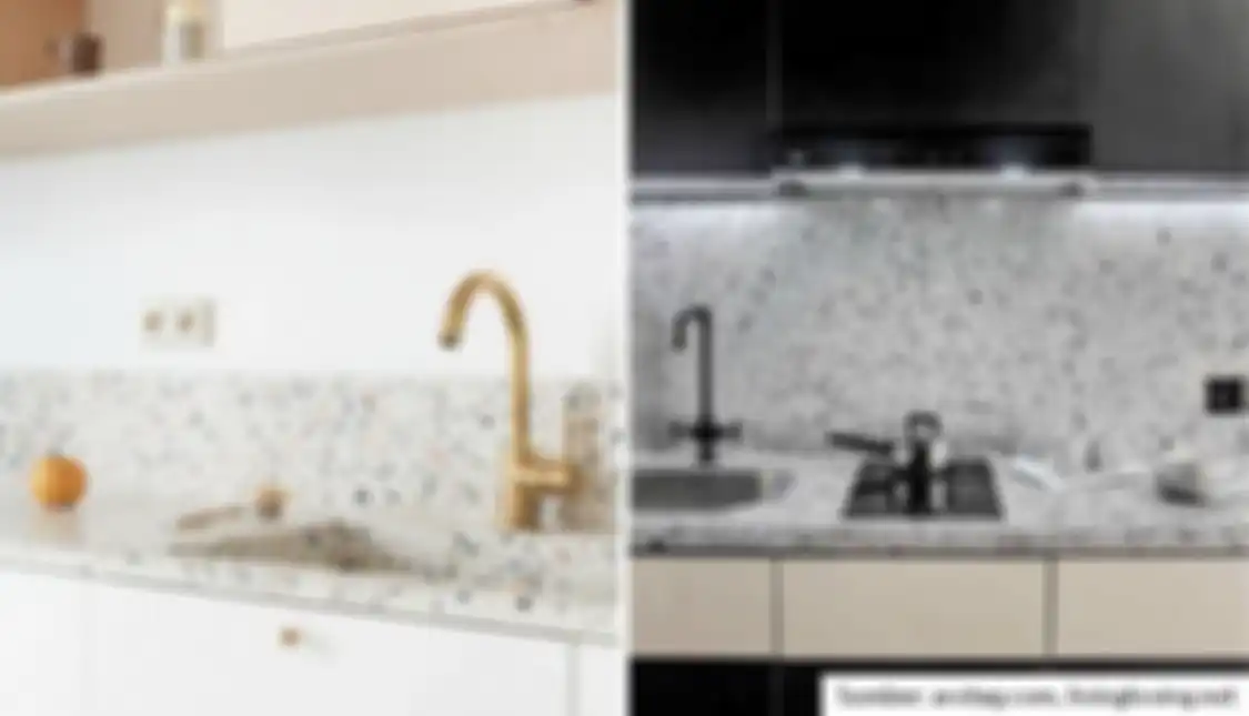 Desain dapur kecil yang dipasangi backsplash teraso model unik semakin terlihat mewah. Pantas foto interiornya ditiru.