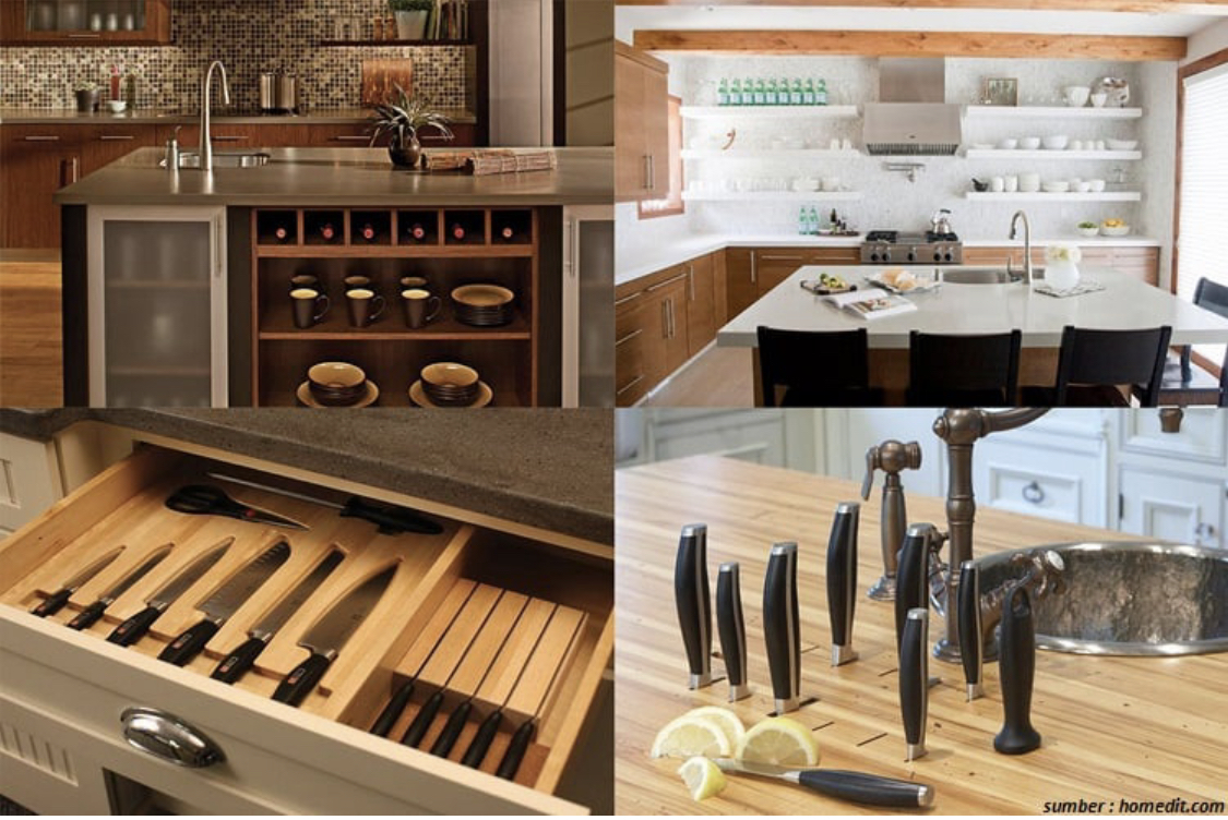 Desain tempat penyimpanan dapur dirancang dengan gaya modern. Foto hasilnya menjadi sorotan. Perabotan dapur sengaja ditata.