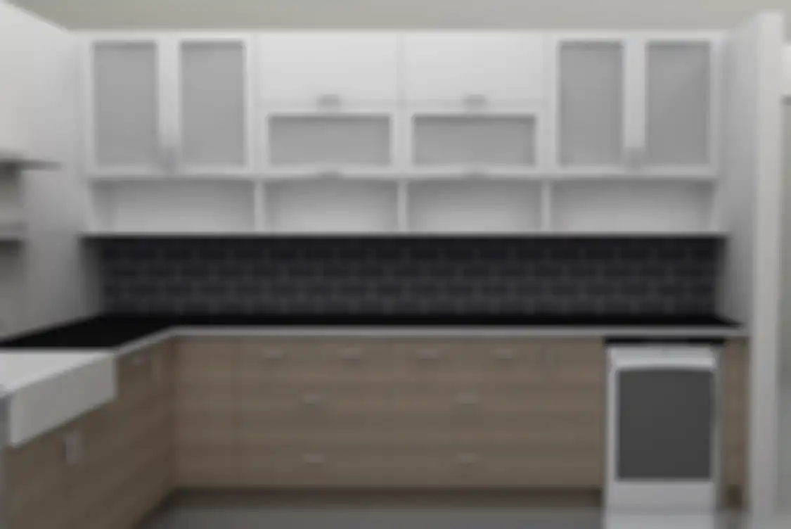 Desain lemari dapur sengaja dibuat dengan model begini agar tanpak lebih lapang. Foto hasilnya menjadi inspirasi.